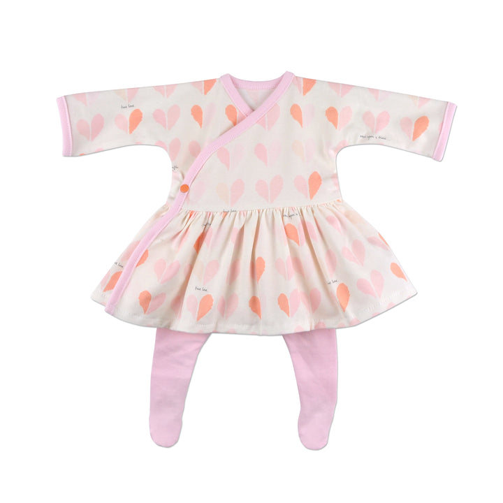 Preemie girls pink hearts long sleeve side snap dress, with matching pink tights