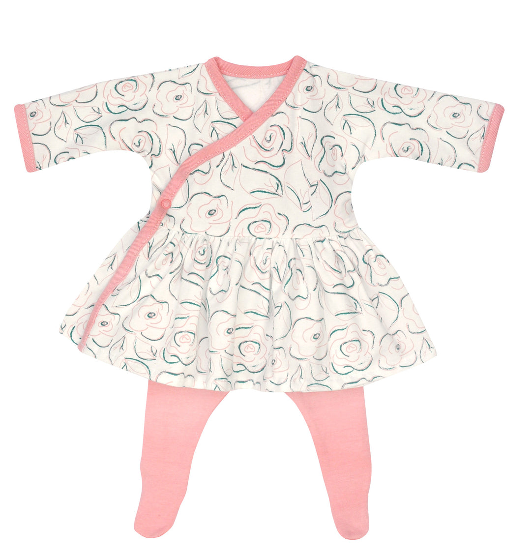 Preemie Girls, Pink and White Floral Side Snap Dress, With Pink Tights