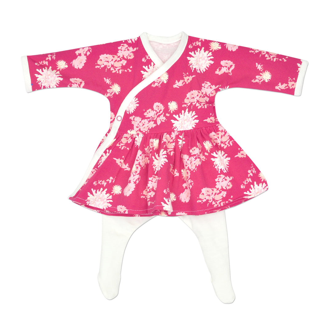 Preemie Girls Long Sleeve Side Snap Dress. Pink and Ivory floral print, with matching ivory tights
