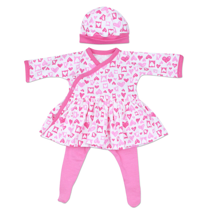 Preemie girls, long sleeve side snap dress with matching cap and tights. Pink heart print