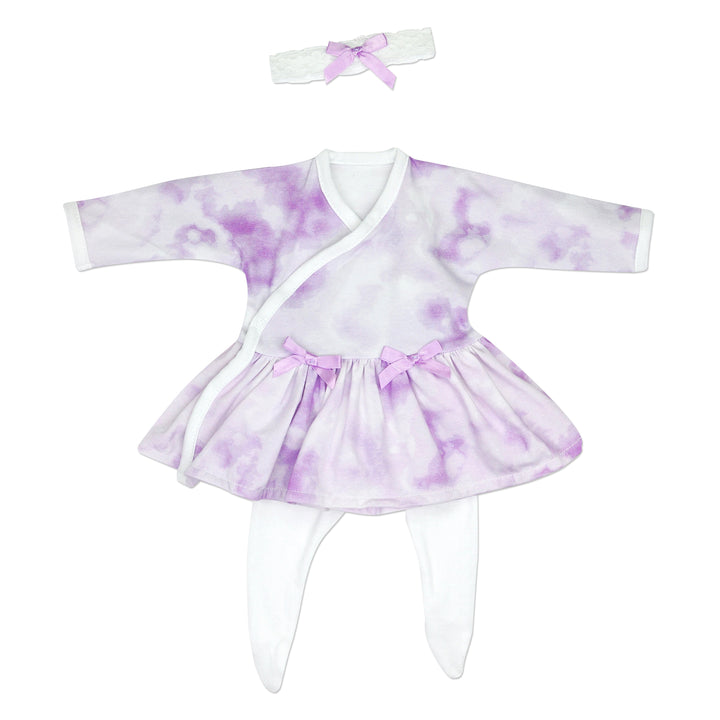 Preemie Girls, purple tie-dye side snap dress. Featuring purple bows on waist line. Matching headband and tights included