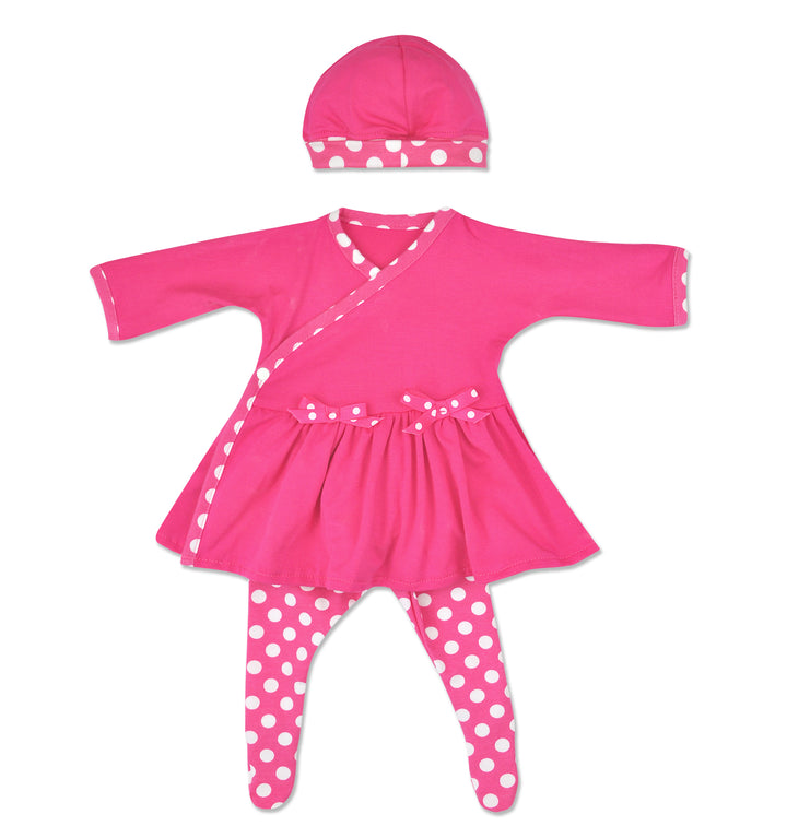Preemie Girls Pink Polka Dot Bamboo Side Snap Dress with Matching Cap and Polka Dot Tights 