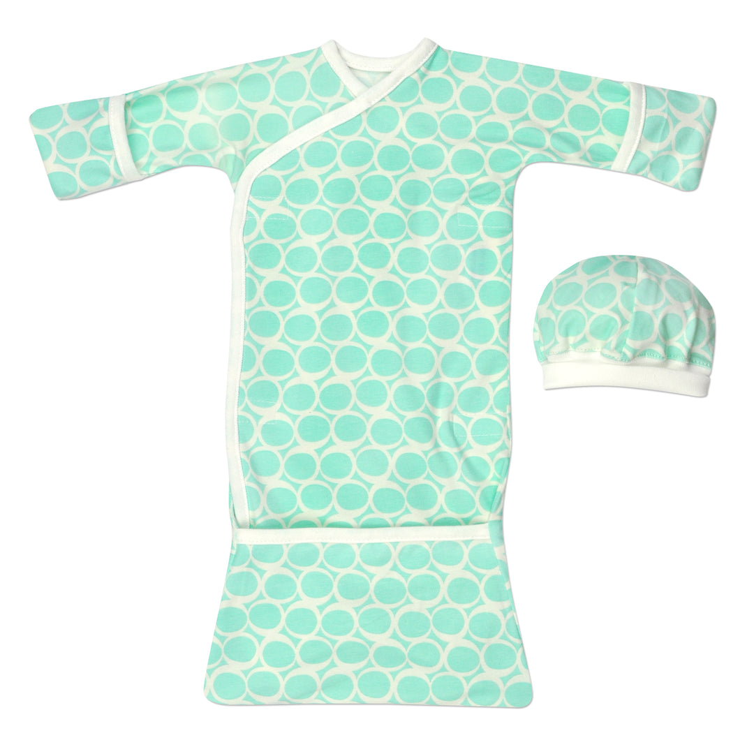Seafoam preemie sleeper gown, with fold over bottom, mitten cuffs, and matching cap