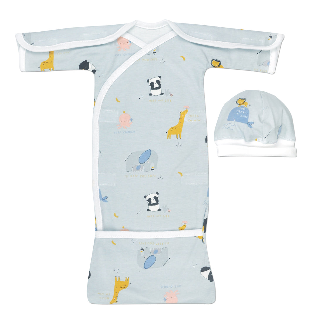Blue Animals Open Shoulder Preemie boys NICU-Friendly Gown, Easy Dressing Style, Velcro Closures, With Fold Over Bottom Making for Easy Access for Diaper Changes.  