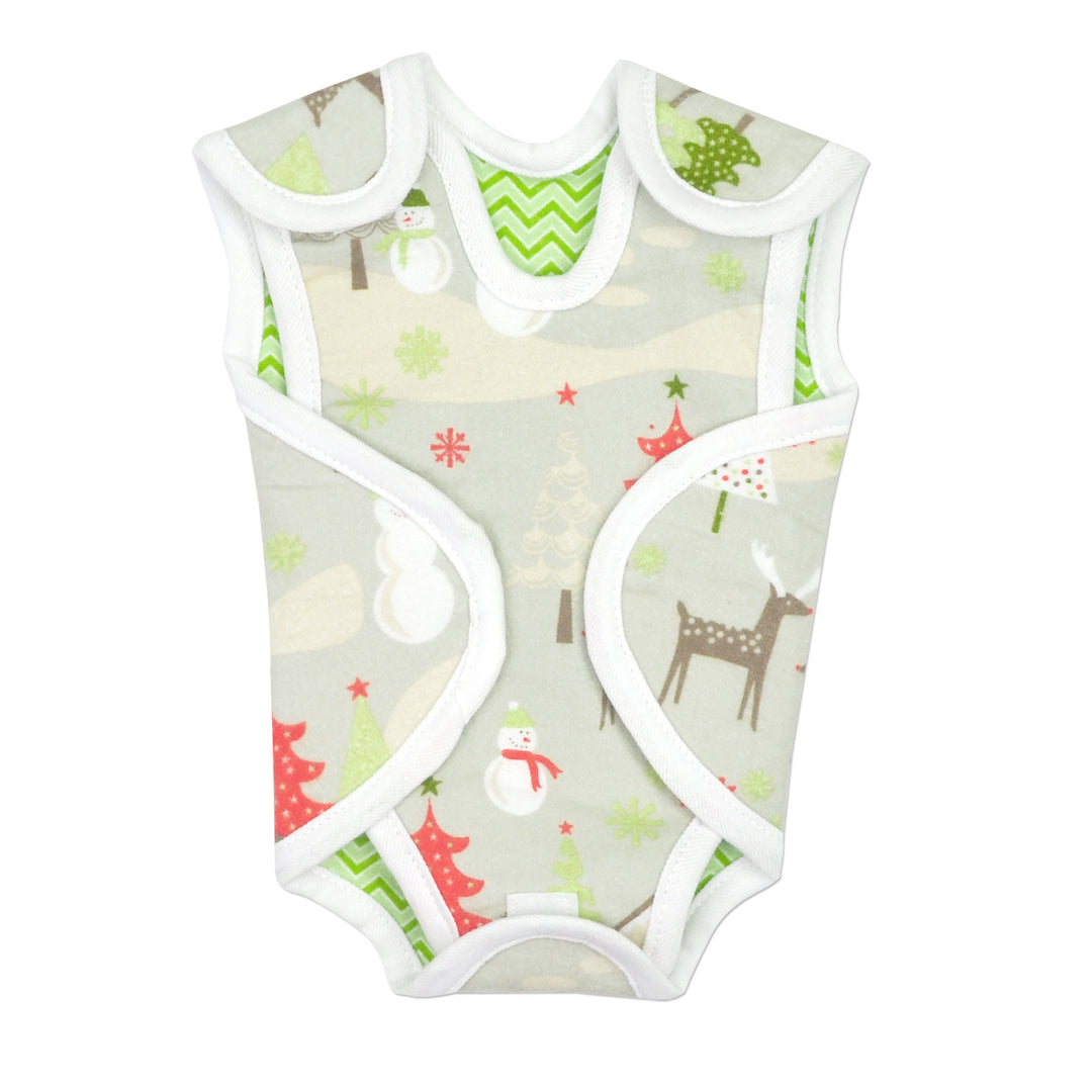 Preemie NICU Friendly Nic-Suit. Soft cotton flannel, with easy Velcro closures. Made from two separate pieces to provide the best access for NICU needs. Reversible for two different looks. One side features a Christmas cabin print and the other size features a green chevron print. 