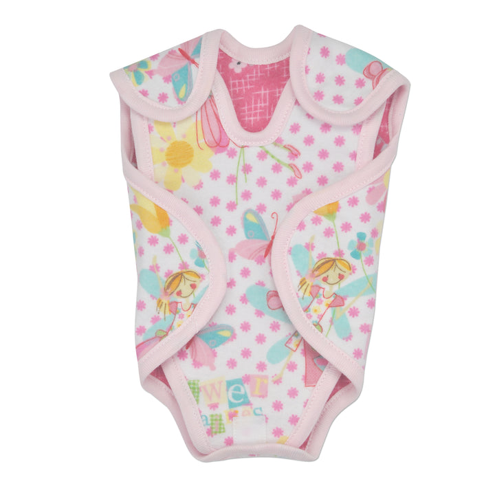 Preemie Girl's NICU Friendly Nic-Suit. Soft cotton flannel, with easy Velcro closures. Made from two separate pieces to provide the best access for NICU needs. Reversible for two different looks. One side features a floral fairy print and the other side a pink floral print. 