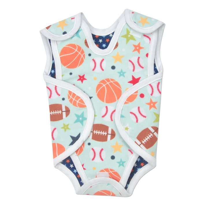 Preemie Boy’s NICU Friendly, with easy Velcro closures. Made from two separate pieces to provide the best access for NICU needs. Reversable for two different looks. Different Sports balls one side, and the other side navy blue star print 