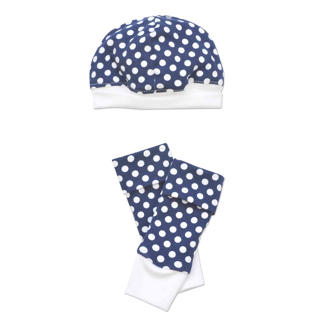 Preemie Blue and White Polka Dot cap and legwarmer set