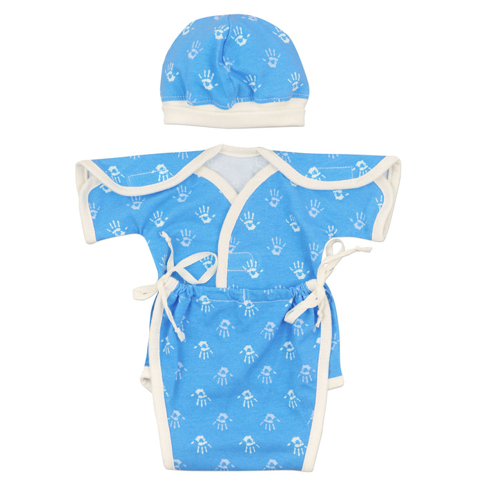 Preemie NICU Sweet-Tee Bodysuit. Featuring adjustable Velcro closure in front, adjustable side ties, and open shoulders. Excellent NICU access for any needs. Blue handprints with matching cap 