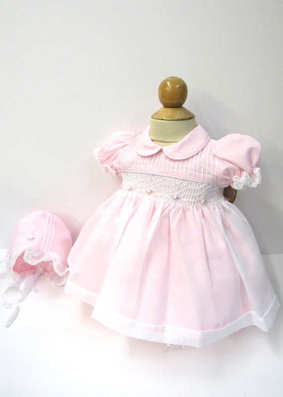 Pink Rosebud Dress & Bonnet Set