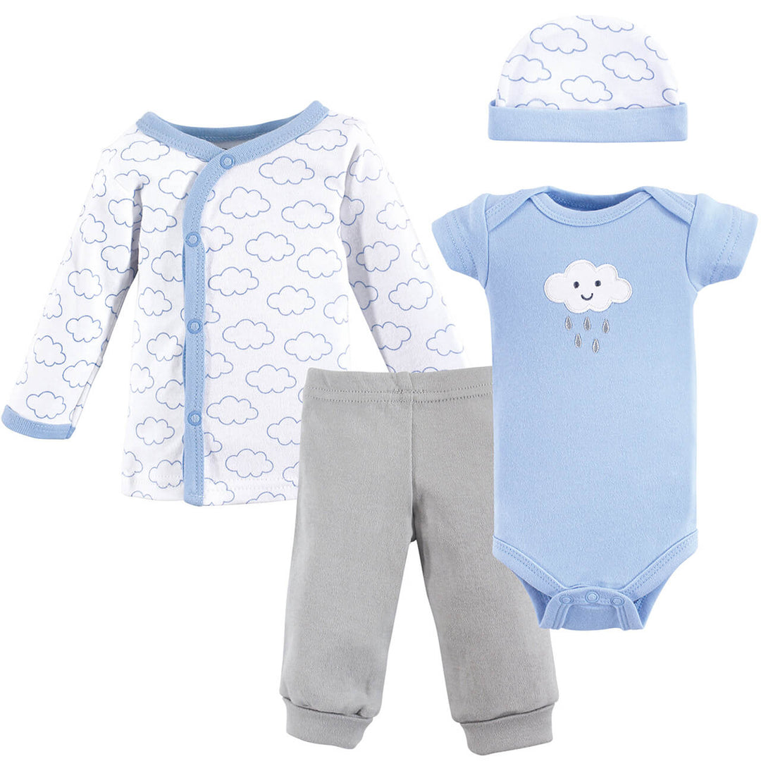 Blue cloud 4 piece preemie set. Includes kimono style long sleeve shirt, pants, short sleeve bodysuit, and a matching cap