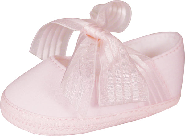 Preemie girls Pink Broadcloth Ballet Slipper with Fancy Sheer Ribbon Tie Shoe