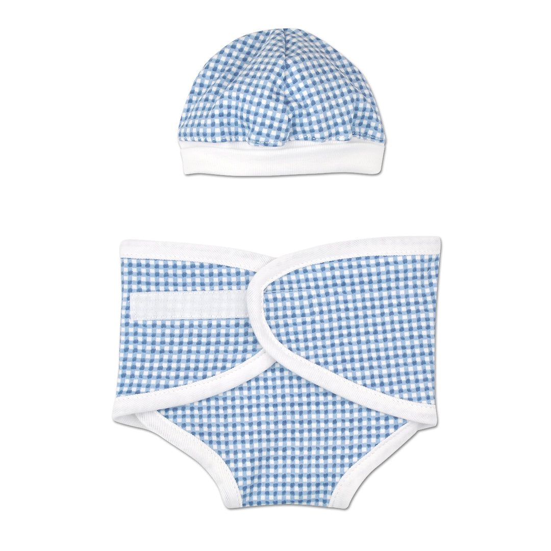 Blue gingham diaper cover and hat set
