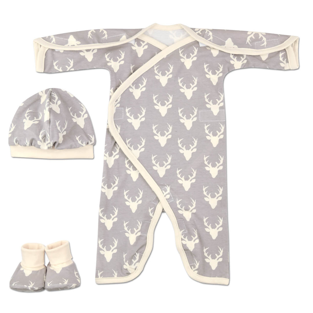 NICU Friendly Boy’s Preemie Jumpsuit. Easy Lay Down and Wrap Around Style, with Great Access for All NICU Needs with Velcro Closures. Gray Stag Fabric with Matching Cap and Booties 