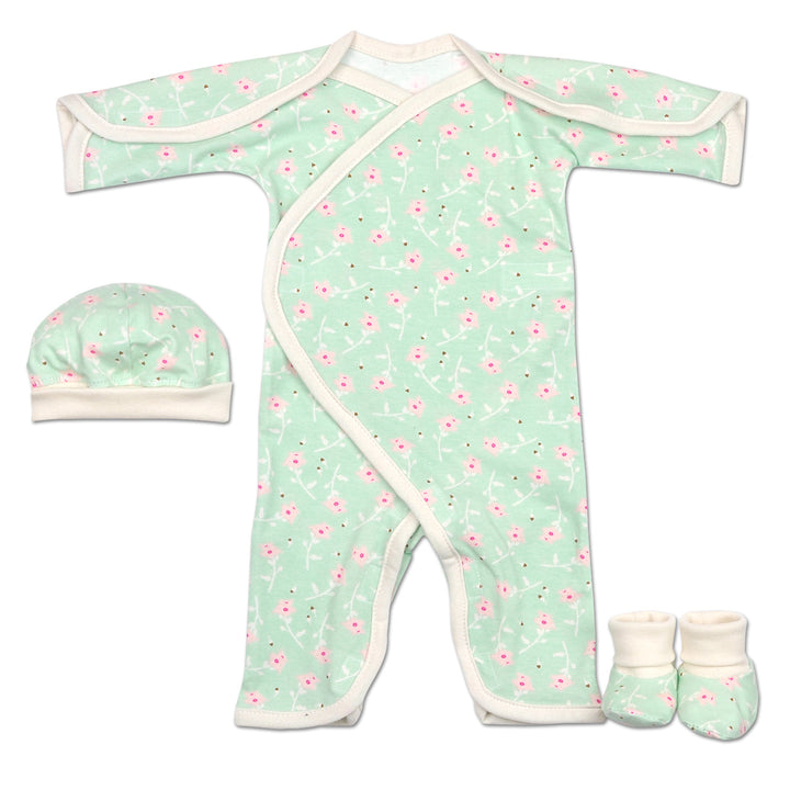 NICU Friendly Girls Preemie Jumpsuit. Easy Lay Down and Wrap Around Style, with Great Access for All NICU Needs. Velcro closures and matching cap and booties included.  Gren and pink floral