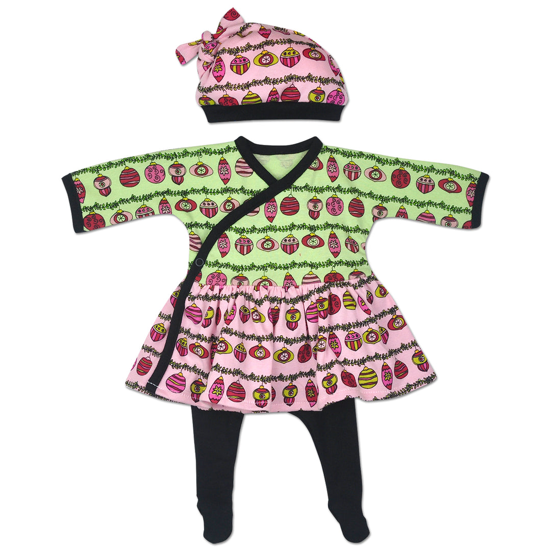 Green and Pink Side Snap Long Sleeve Christmas Ornament Dress. With Matching cap and black tights