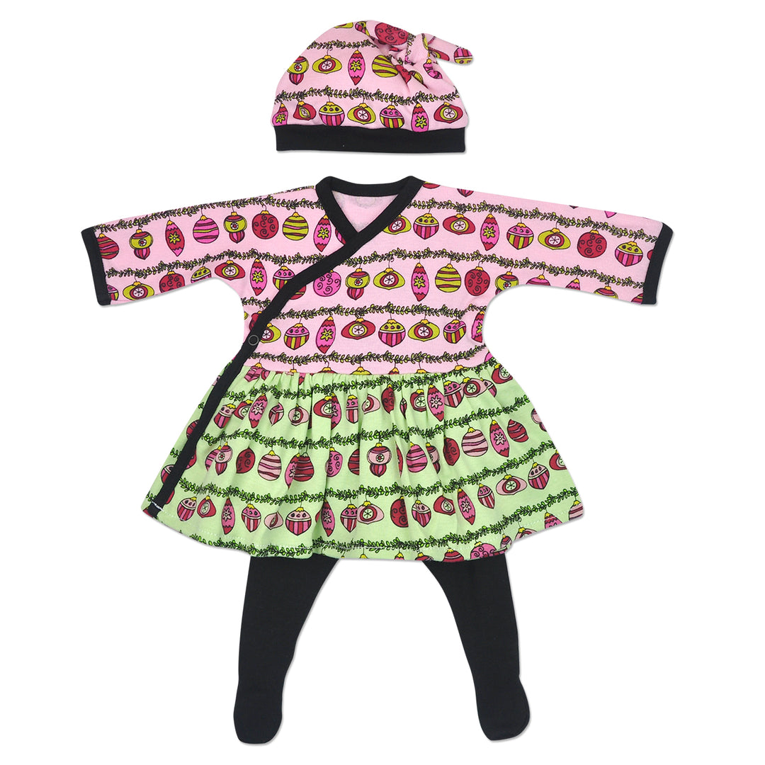 Preemie girls Pink and green Christmas ornament side snap dress, with matching cap and matching black cap
