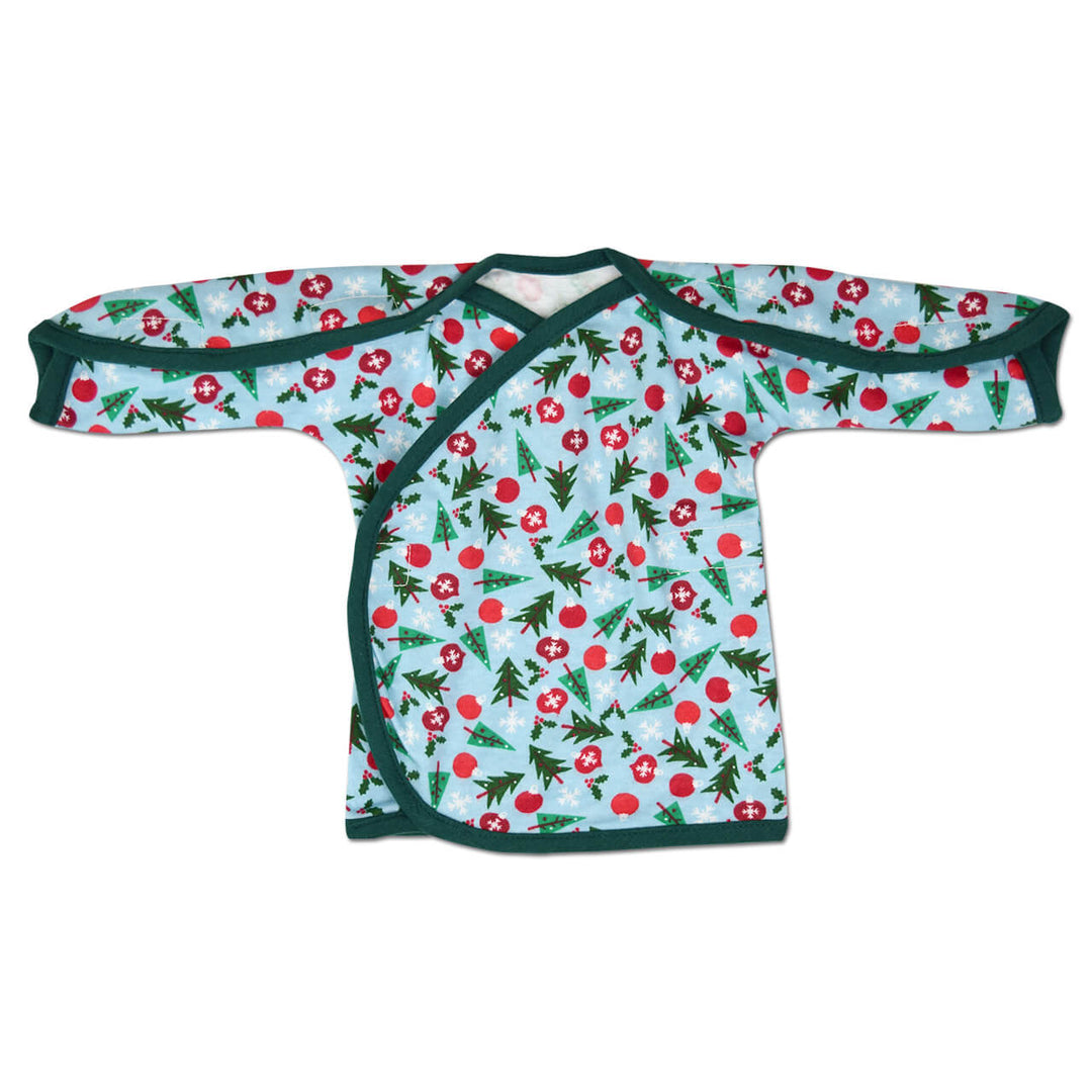 Preemie Christmas Print NICU friendly long sleeve shirt. The open shoulder and velcro closures makes it perfect for the NICU