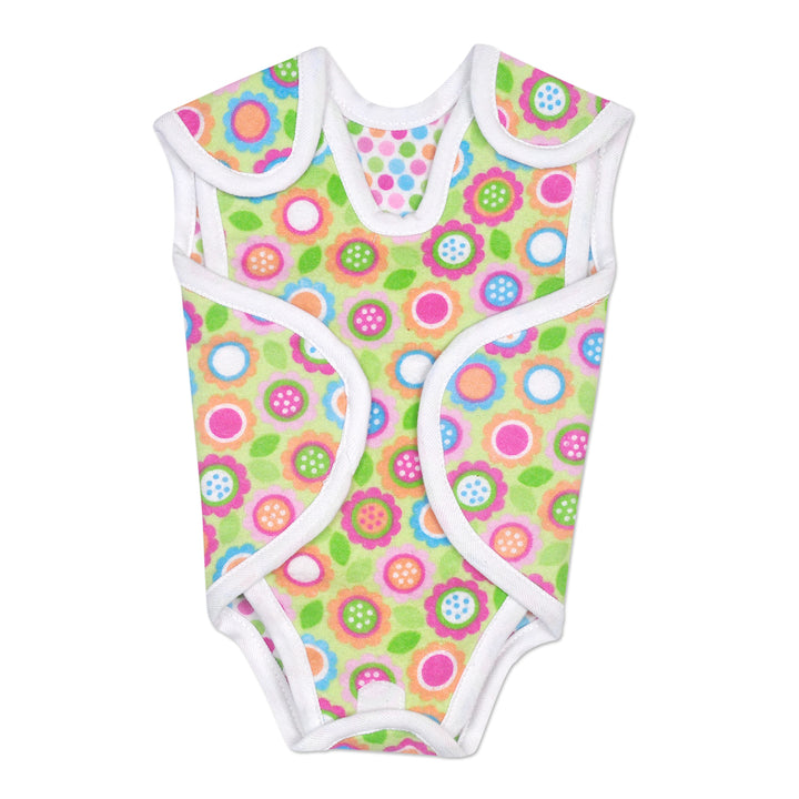 Preemie Girl's NICU Friendly Nic-Suit. Soft cotton flannel, with easy Velcro closures. Made from two separate pieces to provide the best access for NICU needs. Reversible for two different looks. One side features a green/ purple floral print and the other side a matching polka dot print. 