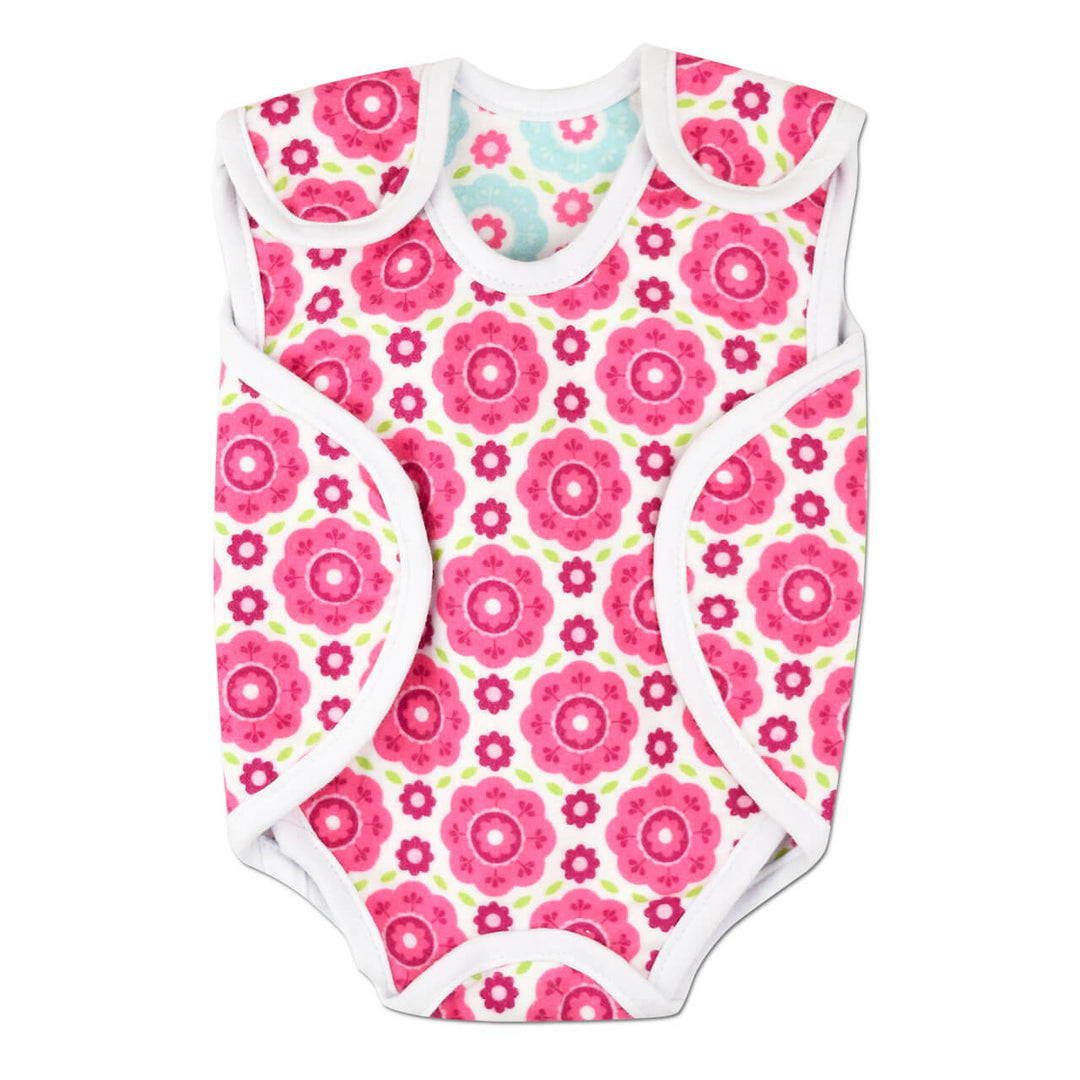 Preemie Girl's NICU Friendly Nic-Suit. Soft cotton flannel, with easy Velcro closures. Made from two separate pieces to provide the best access for NICU needs. Reversible for two different looks. One side features a pink and white floral print and the other side a matching blue floral print. 