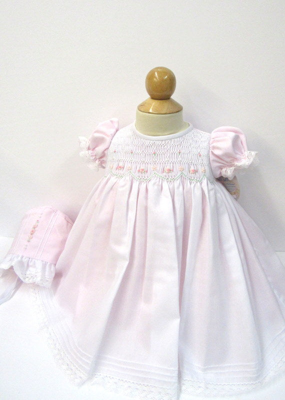 Sweet Pink Smocked Dress and Bonnet Set